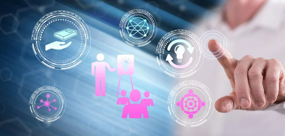 Man touching a knowledge sharing concept 스톡 사진
