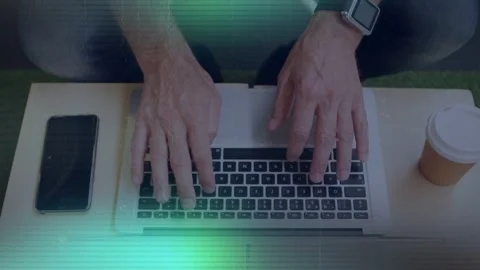 Man touching laptop keys for work, glitch scanline overlaying while hands Stock Footage 335652113