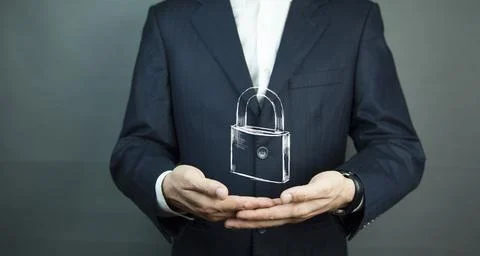 Man touching lock in screen Stock Photos