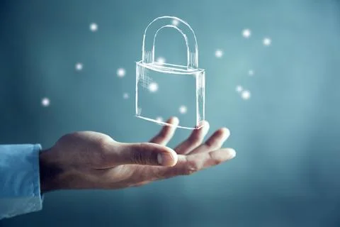 Man touching lock in screen Stock Photos