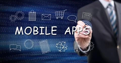 Man touching a mobile apps concept Stock Photos