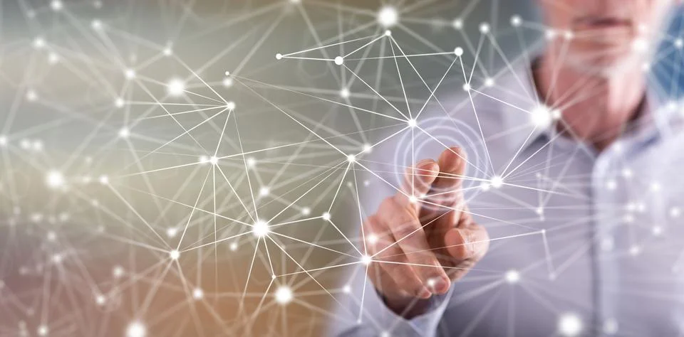 Man touching a network Stock-Fotos