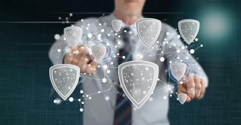 Man touching a network security concept 스톡 사진