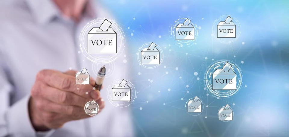 Man touching an online voting concept Stock Photos