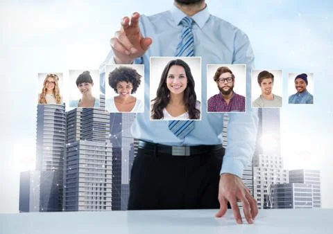 Man touching portrait profiles of different people Stock Photos