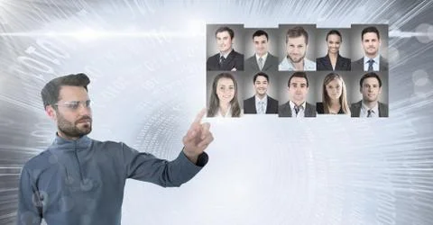 Man touching portrait profiles of different people 写真素材