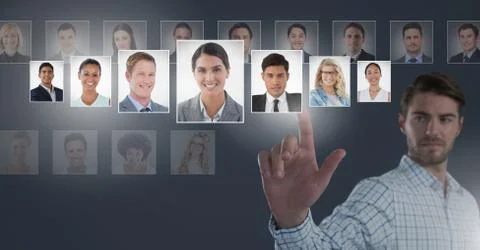 Man touching portrait profiles of different people Stock Photos
