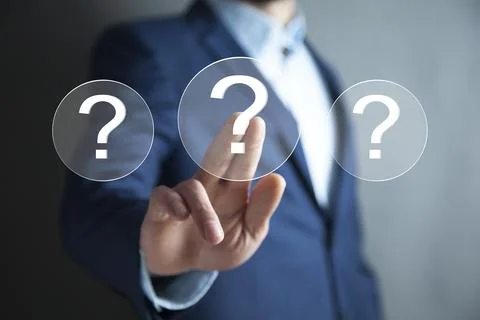 Man touching question mark in screen Stock Photos