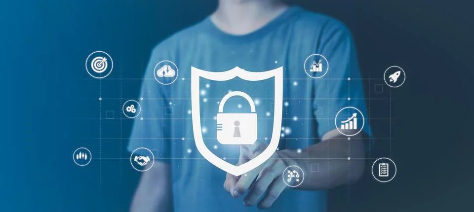 Man touching security scanning of digital programs. Surveillance of Personal Stock Photos
