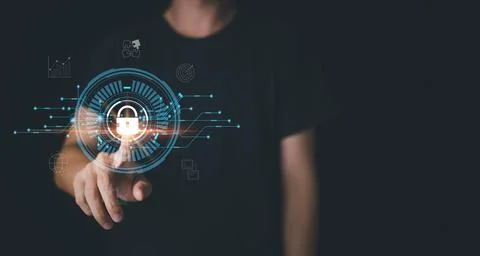 Man touching security scanning of digital programs. Surveillance of Personal Stock Photos