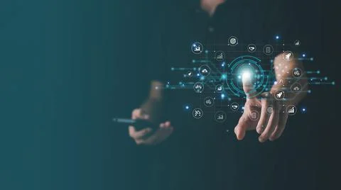 Man touching security scanning of digital programs. Digital transformation te Stock Photos