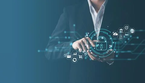 Man touching security scanning of digital programs. Surveillance of Persona.. Stock Photos