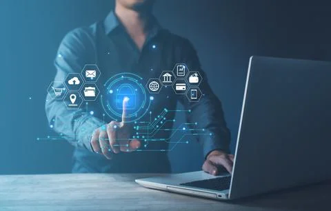 Man touching security scanning of digital programs with notebook (Laptop). .. Stock Photos