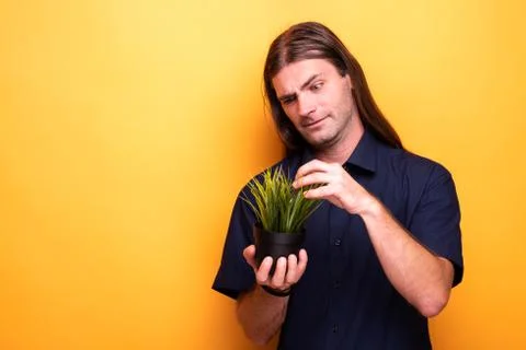 Man touching small pot with grass Stock Photos