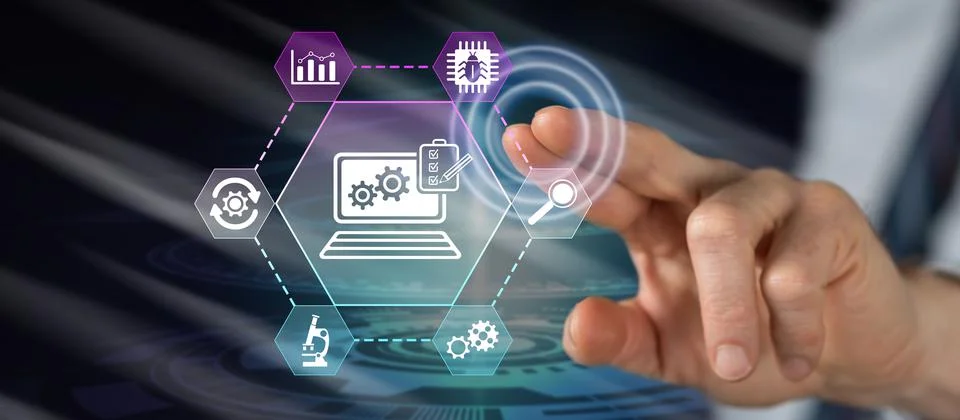Man touching a software testing concept Stockfoto's