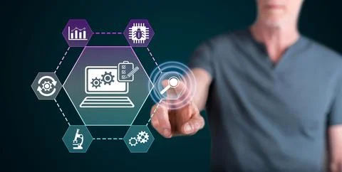 Man touching a software testing concept Stock Photos