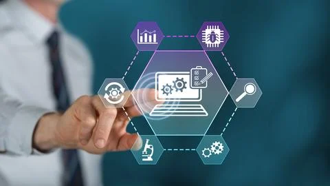 Man touching a software testing concept Stock-Fotos