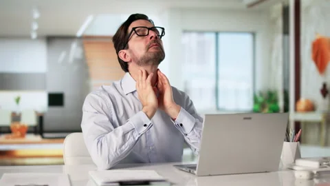 Man Touching Sore Throat, Feeling Pain Near Neck Stock Footage 333848527