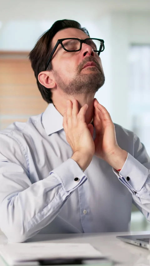 Man Touching Sore Throat, Feeling Pain Near Neck Stock Footage 335459017