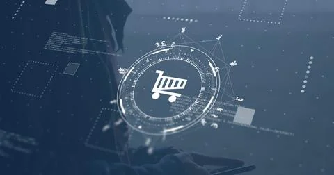 Man touching tablet and activating holographic shopping HUD, animating rings, 写真素材