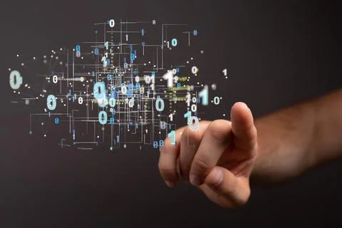 A man touching the virtual 3D icon of digital cyberspace with abstract lines  Stock Photos