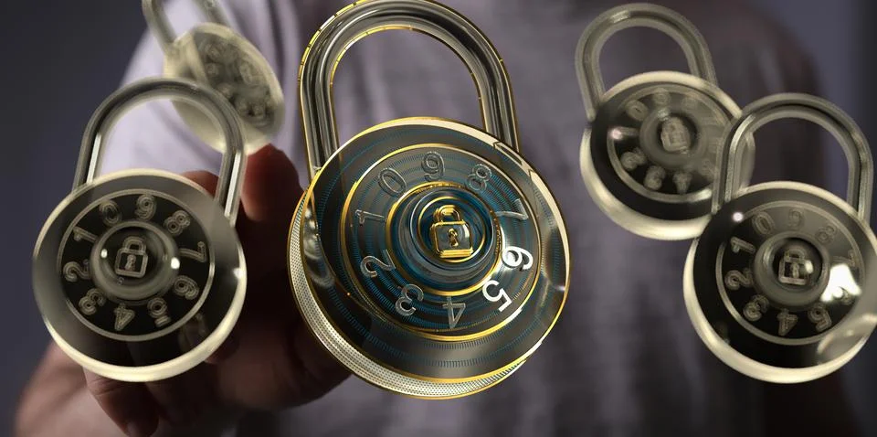Man touching the virtual 3D padlock icons symbolizing data security Stock Photos