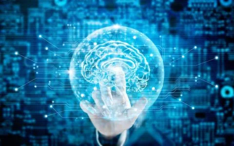 Man touching virtual brain innovative technology in science and medical 스톡 사진