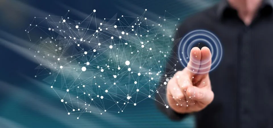 Man touching a virtual network Stock-Fotos