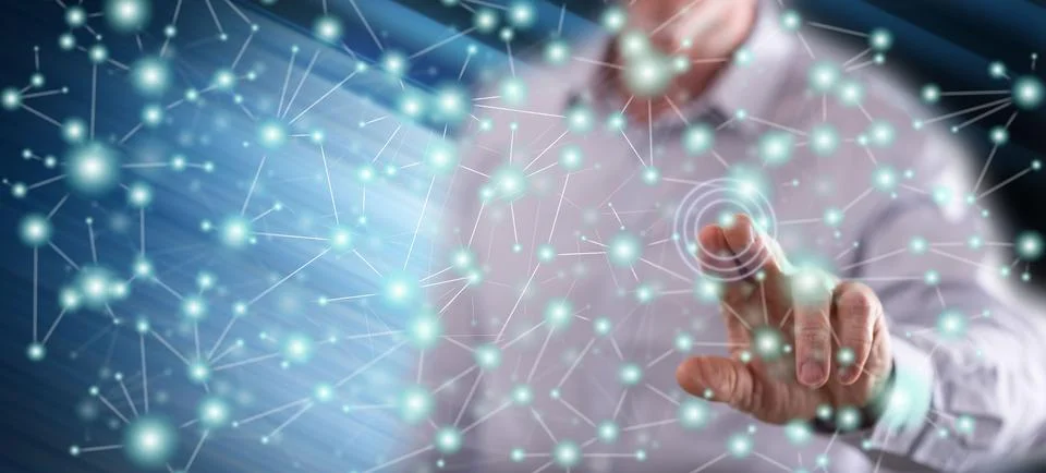 Man touching a virtual network Stock Photos