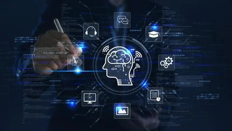 Man touching virtual screen with AI, machine learning icons. Chatbot, NLP, .. Stock Photos