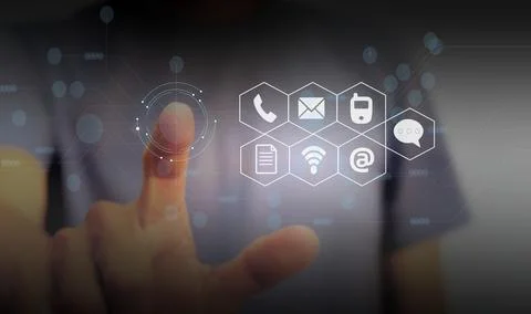 Man touching virtual screen To assess satisfaction with business services w.. Stock Photos