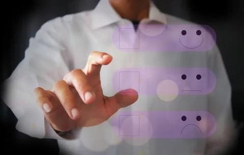 Man touching a virtual screen To rate satisfaction with business services f.. Photos