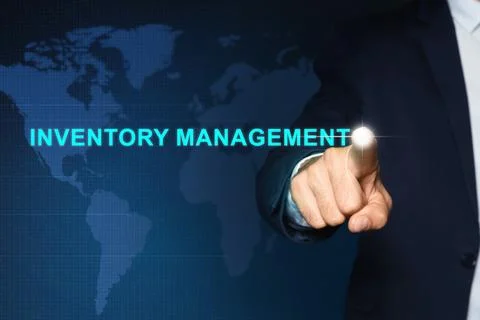Man touching virtual screen with text Inventory Management on color backgroun Stock Photos