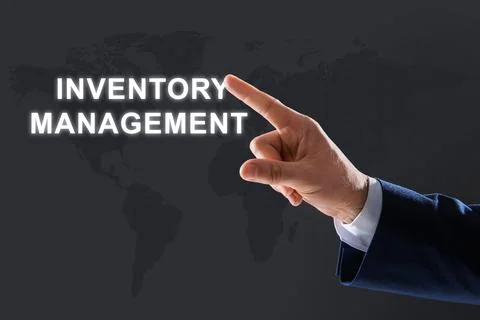 Man touching virtual screen with text Inventory Management on color backgroun Stock Photos