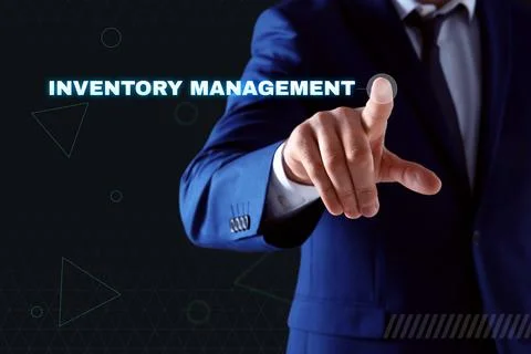 Man touching virtual screen with text Inventory Management on dark background Stock Photos