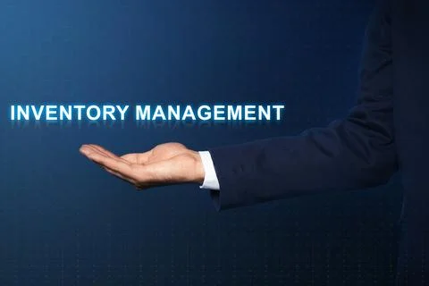 Man touching virtual screen with text Inventory Management on color backgroun Stock Photos