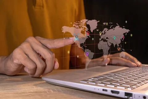 Man touching a virtual screen of world map infographic. World map infograph.. Stock Photos
