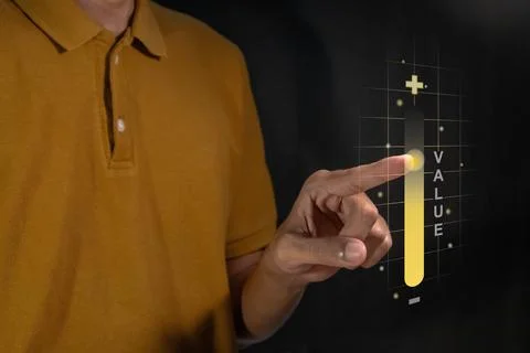 Man touching virtual status bar to maximize the business value Stock Photos