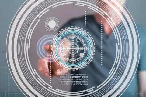 Man touching a virtual technology concept on a touch screen 스톡 사진