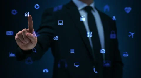 Man touching a visual screen with holographic computer icons. Blue. Stock Footage