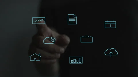Man touching a visual screen with holographic computer icons. Stock Footage 66578084