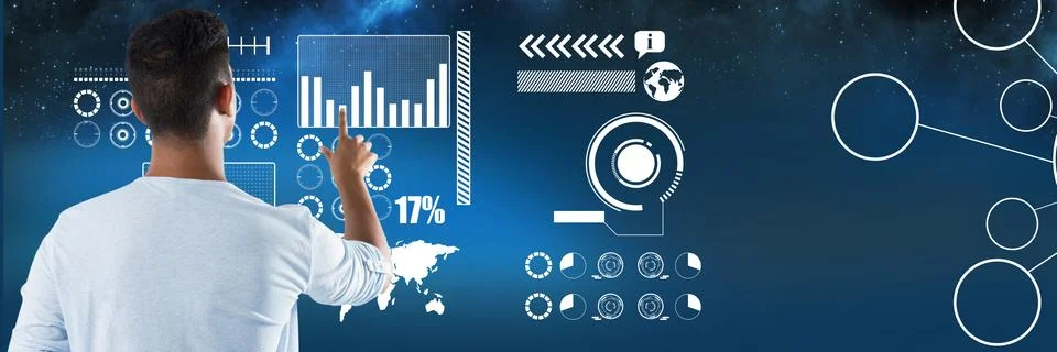 Man touching wall interface with dark blue background Stock Photos
