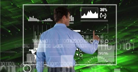 Man touching wall interface with digit overlay Foto stock