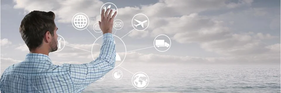 Man touching white interface Foto stock