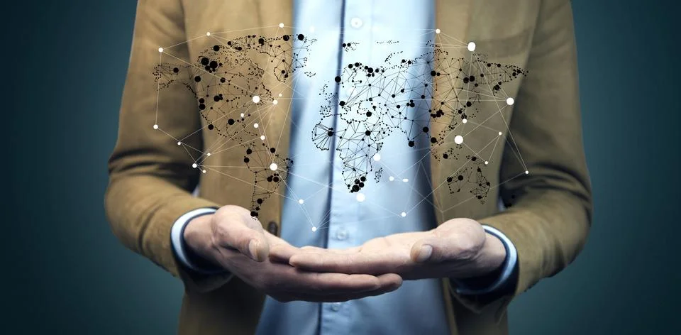Man touching on world map Stock Photos