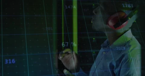 Man touching yellow line on transparent panel in data lab tracking cycling Stock Footage 328413224