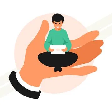 Man-with-touchpad-sitting-on-a-huge-hand Stock Illustration