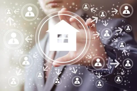 Man with touchscreen house network home web sign Stock Illustration