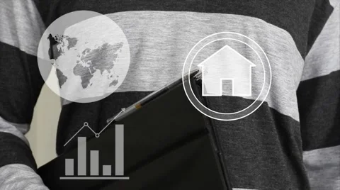 Man with touchscreen house network sign Stockbeeldmateriaal 52160364