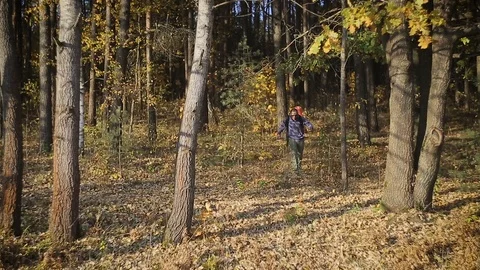Man tourist with backpack behind, walking through the woods Видео 97736213